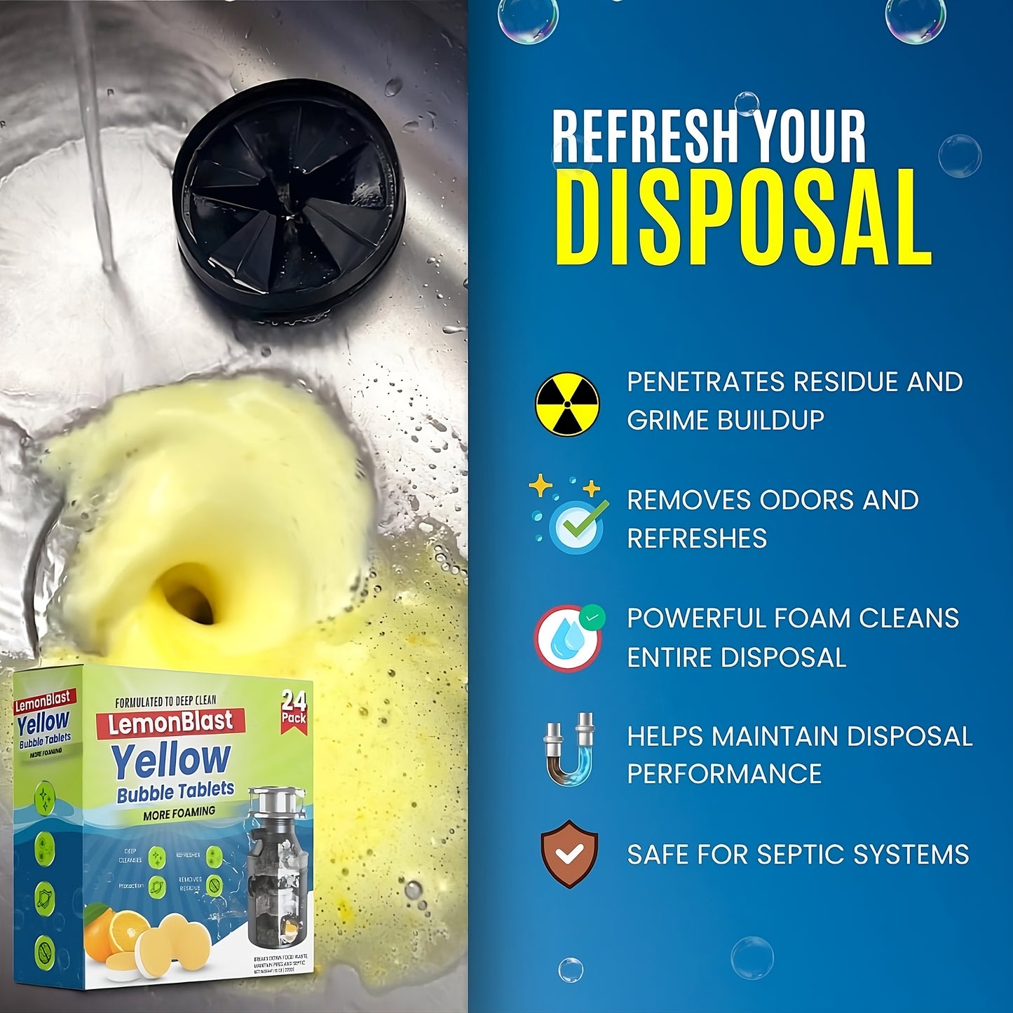 LemonBlast Drain Cleaner (Pack of 24) Use 1 Tablet, Get 1 Month Freshness & Blockage Removal
