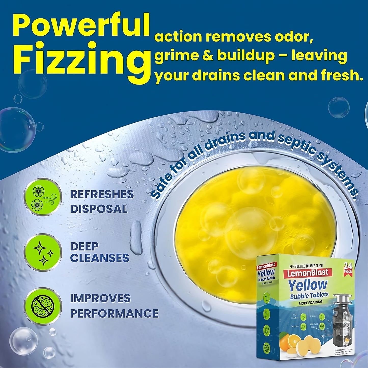 LemonBlast Drain Cleaner (Pack of 24) Use 1 Tablet, Get 1 Month Freshness & Blockage Removal